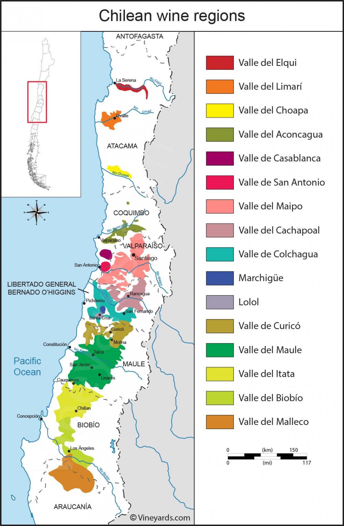 Kaart Tšiili veini piirkondi 